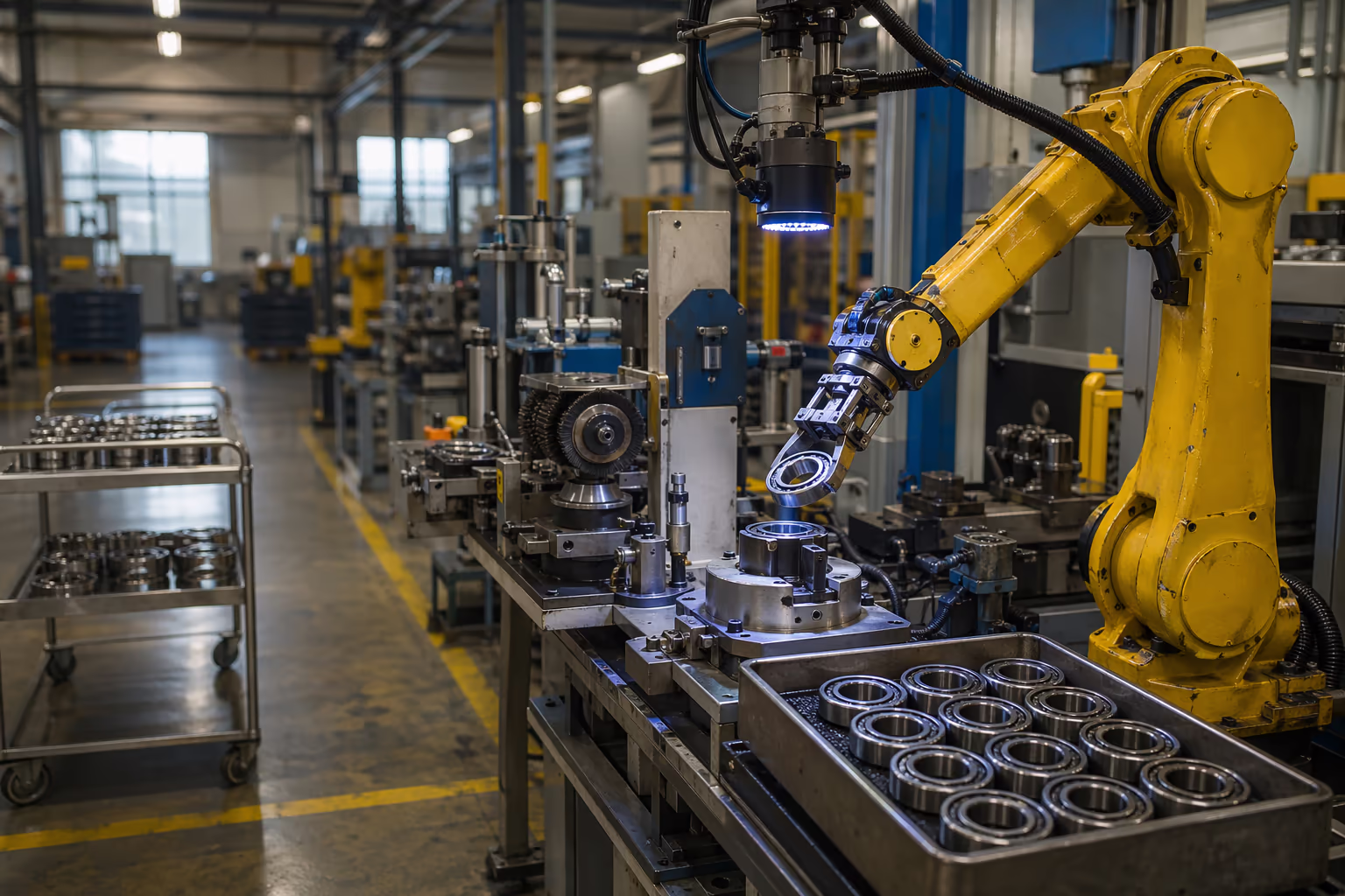 Yellow industrial robot handing a finished bearing from a greasing station to a vision inspection jig inside an integrated precision-components cell