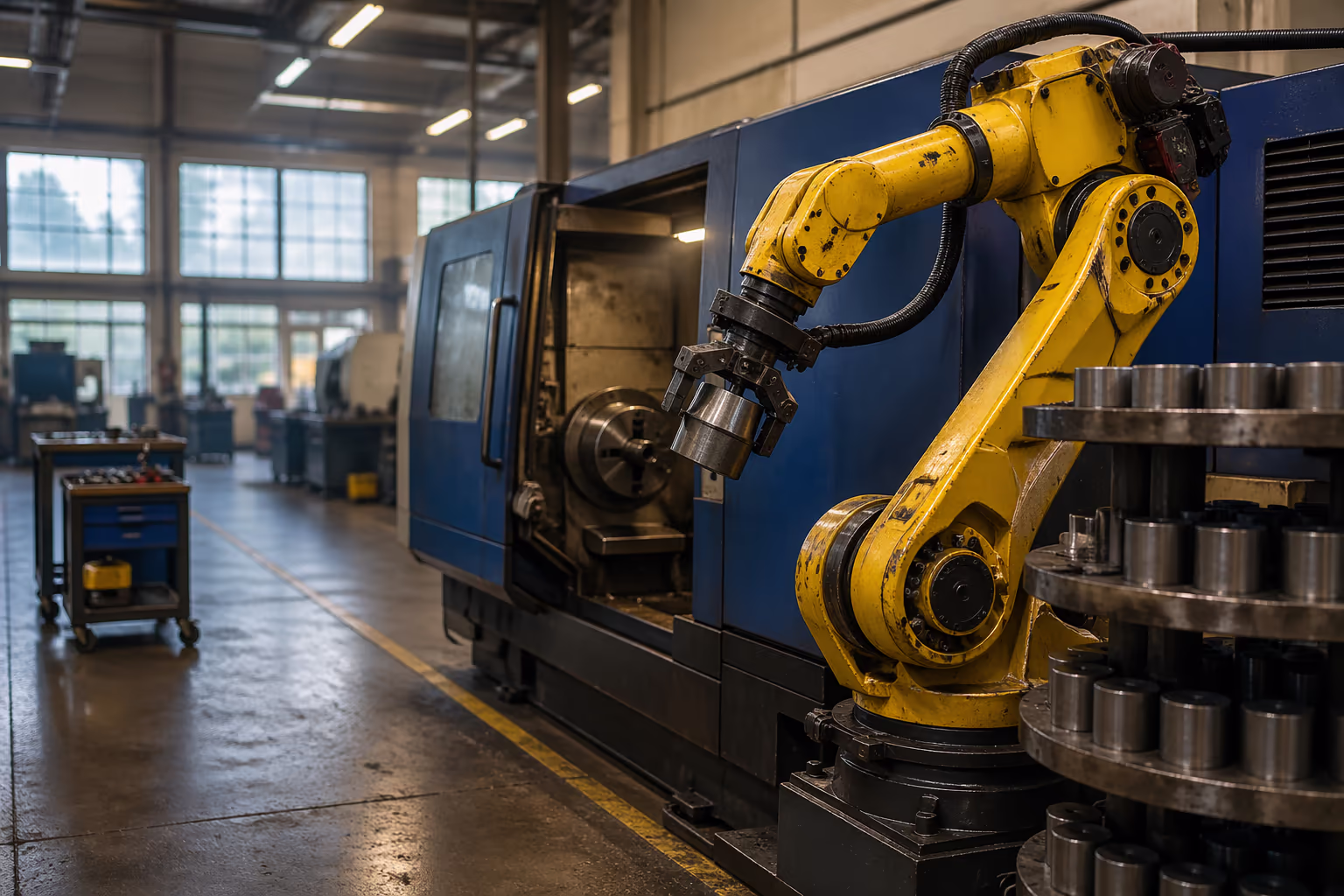Industrial robot lifting a raw cylindrical blank from a multi-tier rotary part magazine and turning toward a CNC lathe enclosure with an opening door