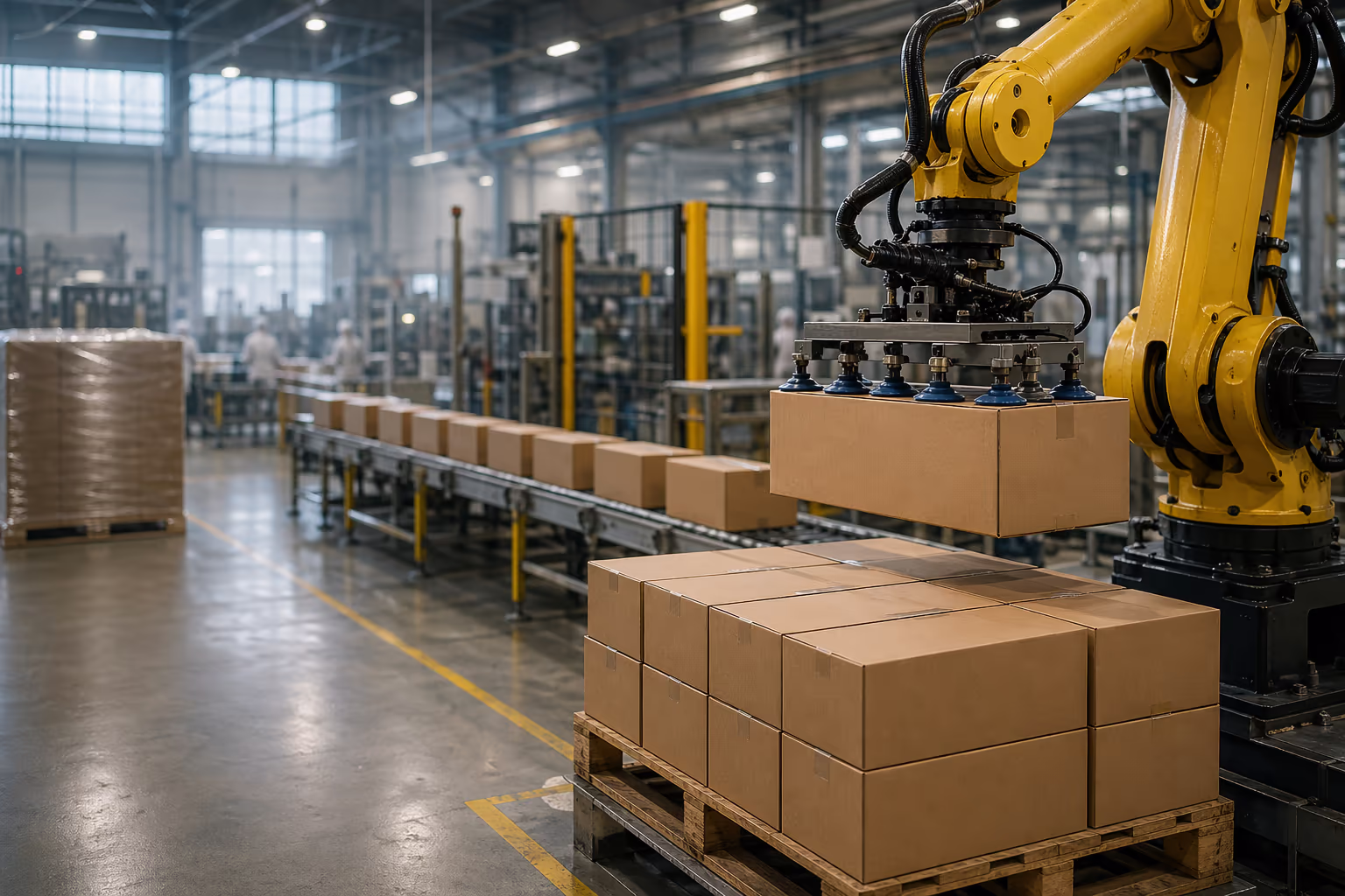 Six-axis palletising robot stacking cartons at the end of a food-and-beverage production line