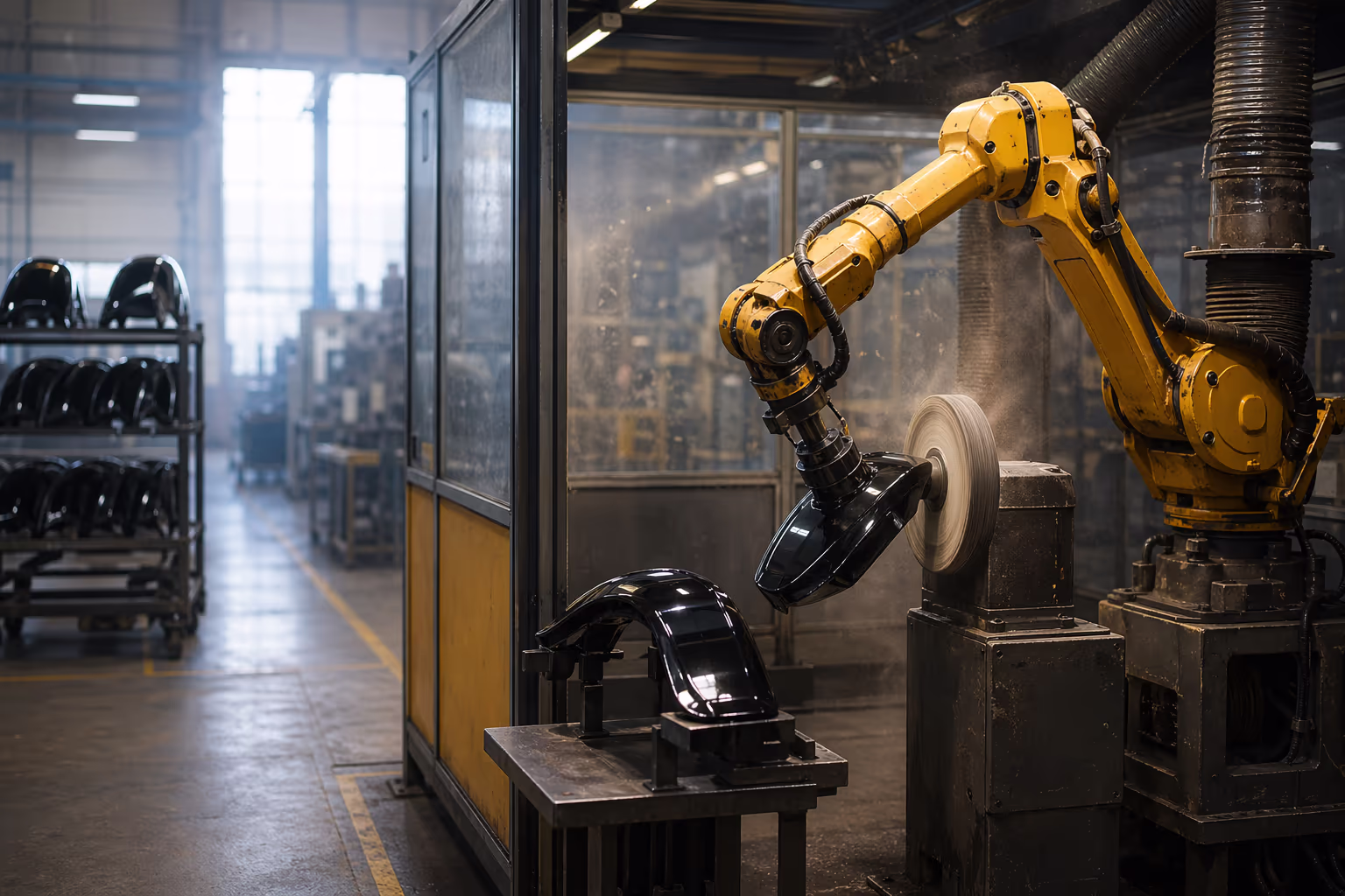 Industrial robot pressing a moulded plastic part against a spinning polishing wheel in an enclosed cell with dust-extraction ducts and a fine mist of polishing compound catching the light