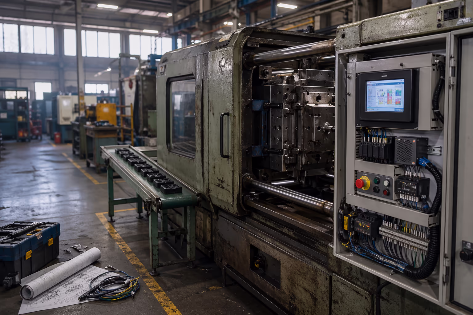 Rebuilt control cabinet with Siemens S7-1200 PLC and Weintek HMI next to a hydraulic injection-moulding machine