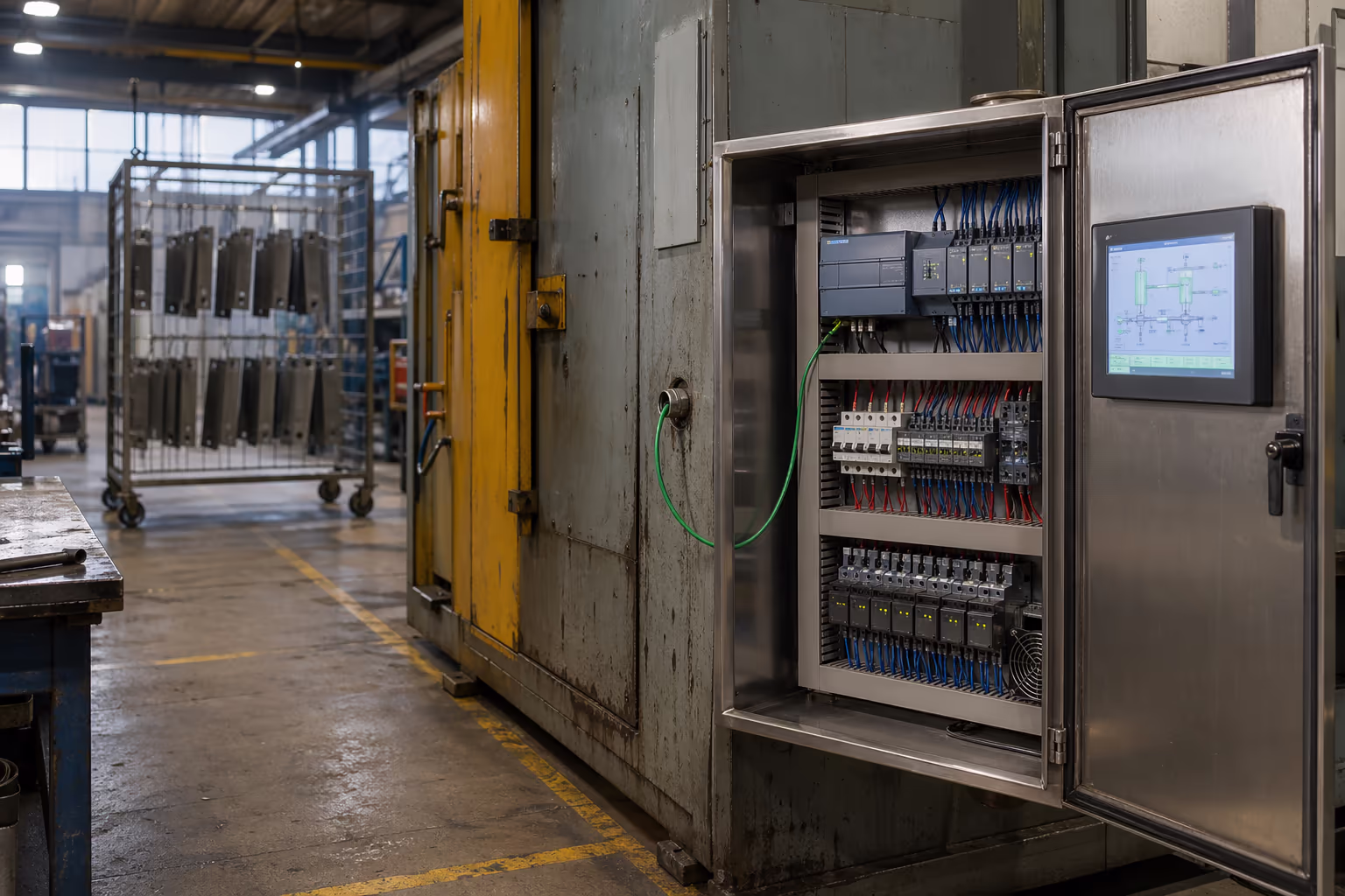 Siemens S7-1200 PLC and Weintek HMI in a rebuilt control cabinet for a powder-coating curing oven