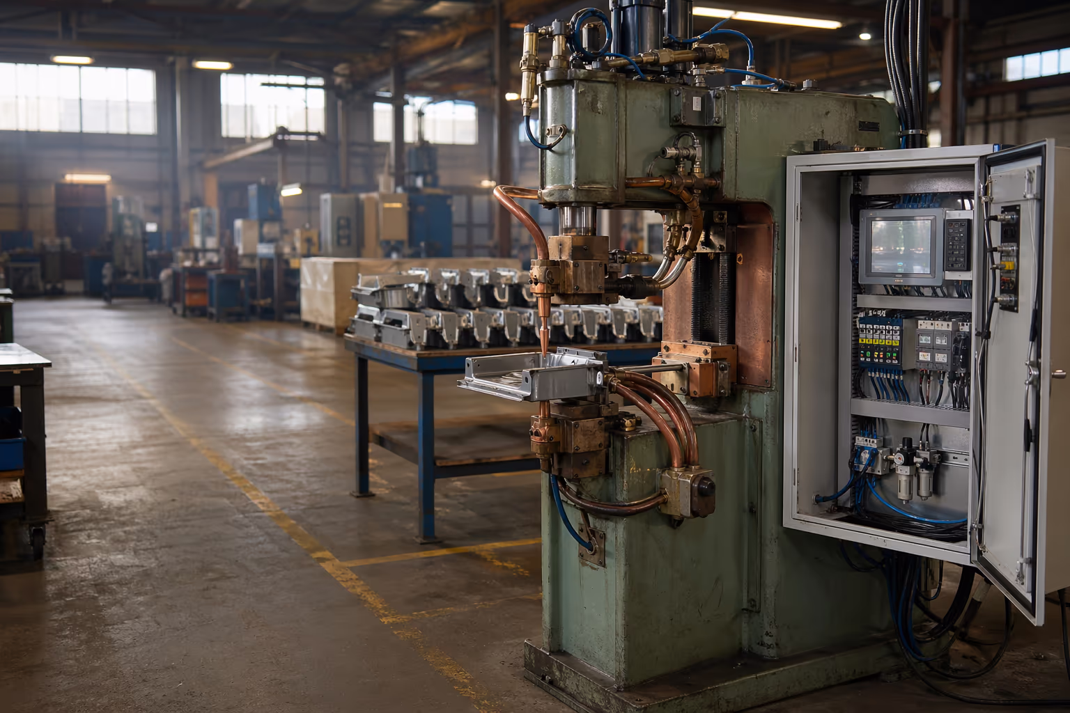 Rebuilt control cabinet with Siemens S7-1200 PLC next to a pedestal spot-welding machine with pneumatic gun, prepared for a future welding robot interface