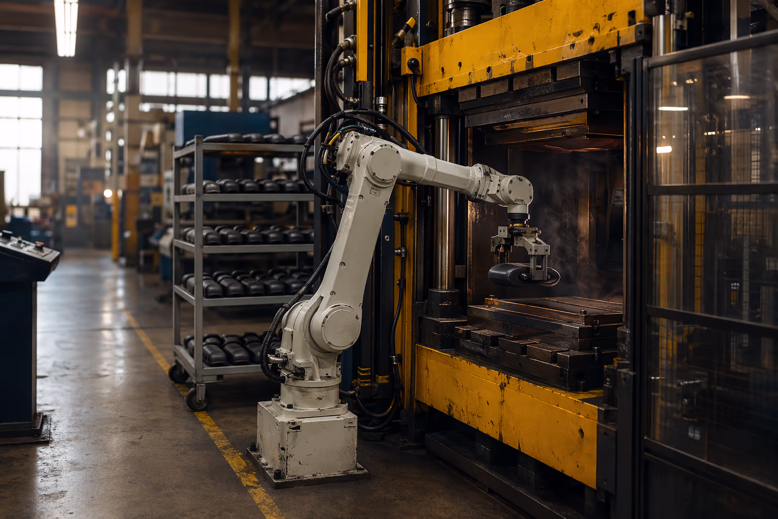 COMAU six-axis robot loading a rubber blank from a multi-level rack into a vulcanising press