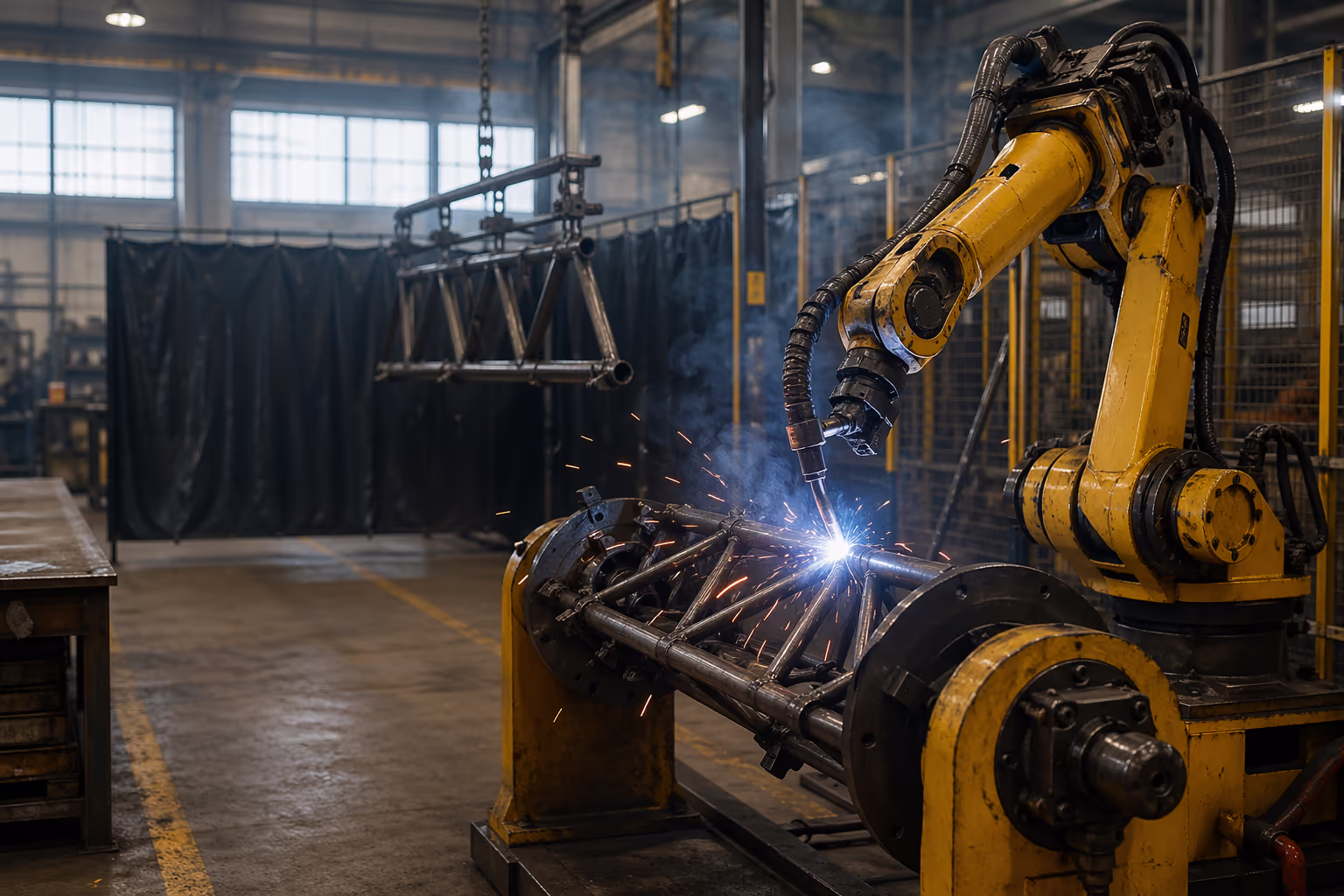 6-axis welding robot with a MIG torch laying a bead on a tubular steel frame fixtured in a rotary positioner inside a fenced welding cell