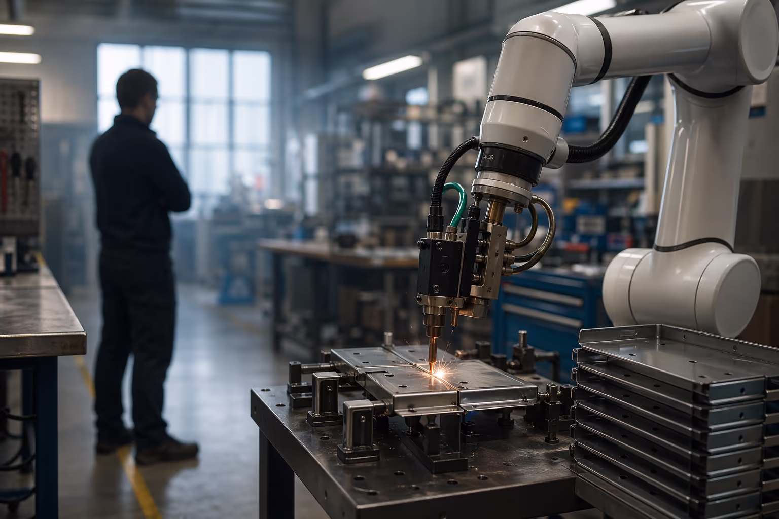 Collaborative robot with a compact spot-welding gun pressing two sheet-metal panels together in a small-batch workshop with an engineer working safely alongside it