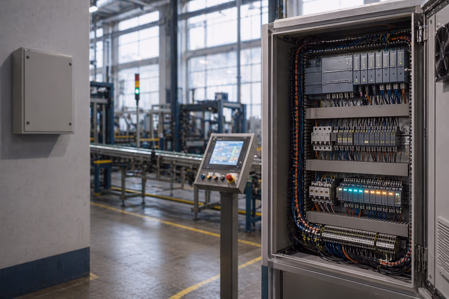 Industrial electrical cabinet with DIN-rail PLCs, HMI panel and neatly routed wiring on a production line