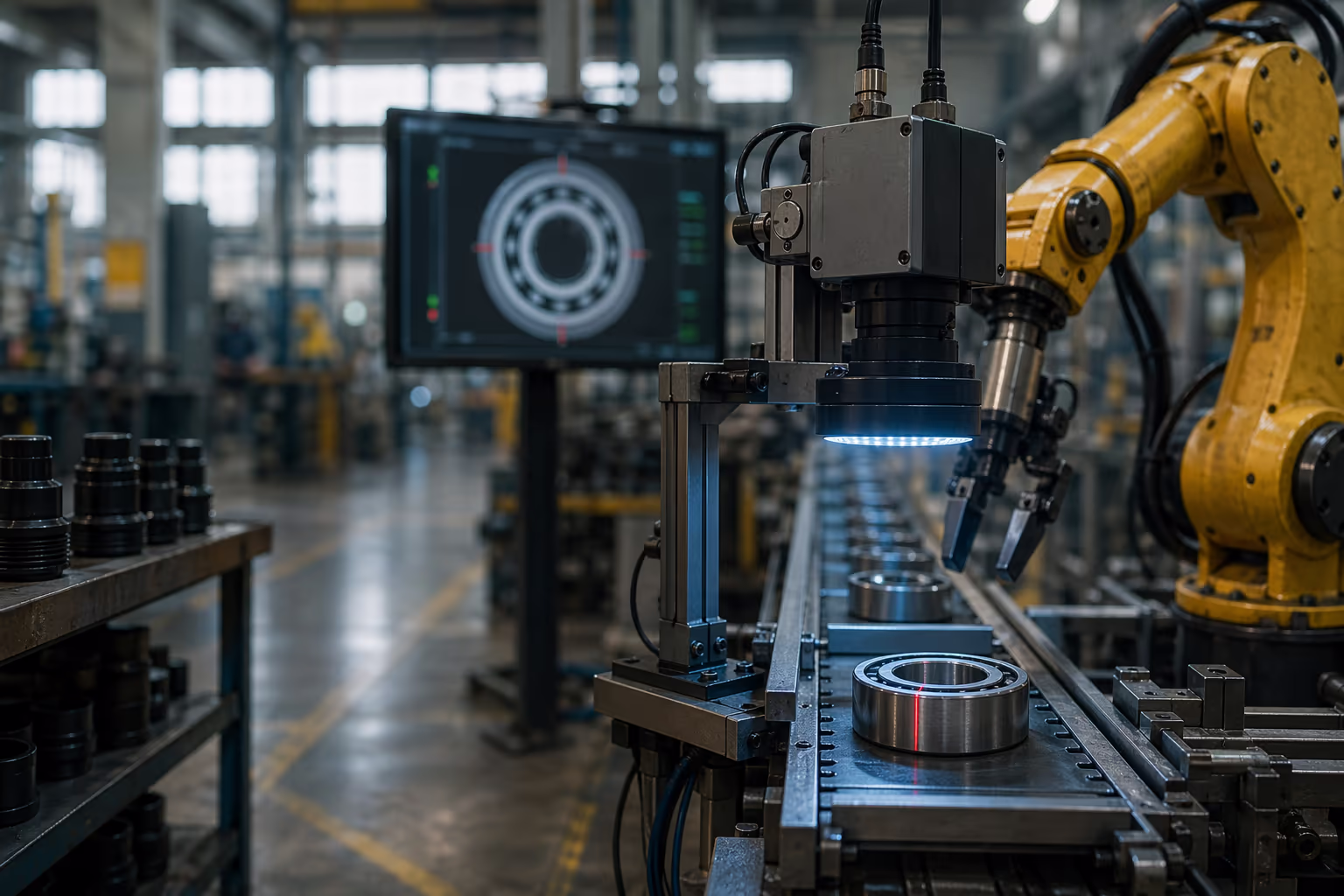 Industrial machine-vision camera with a ring light inspecting a metal bearing above a small conveyor