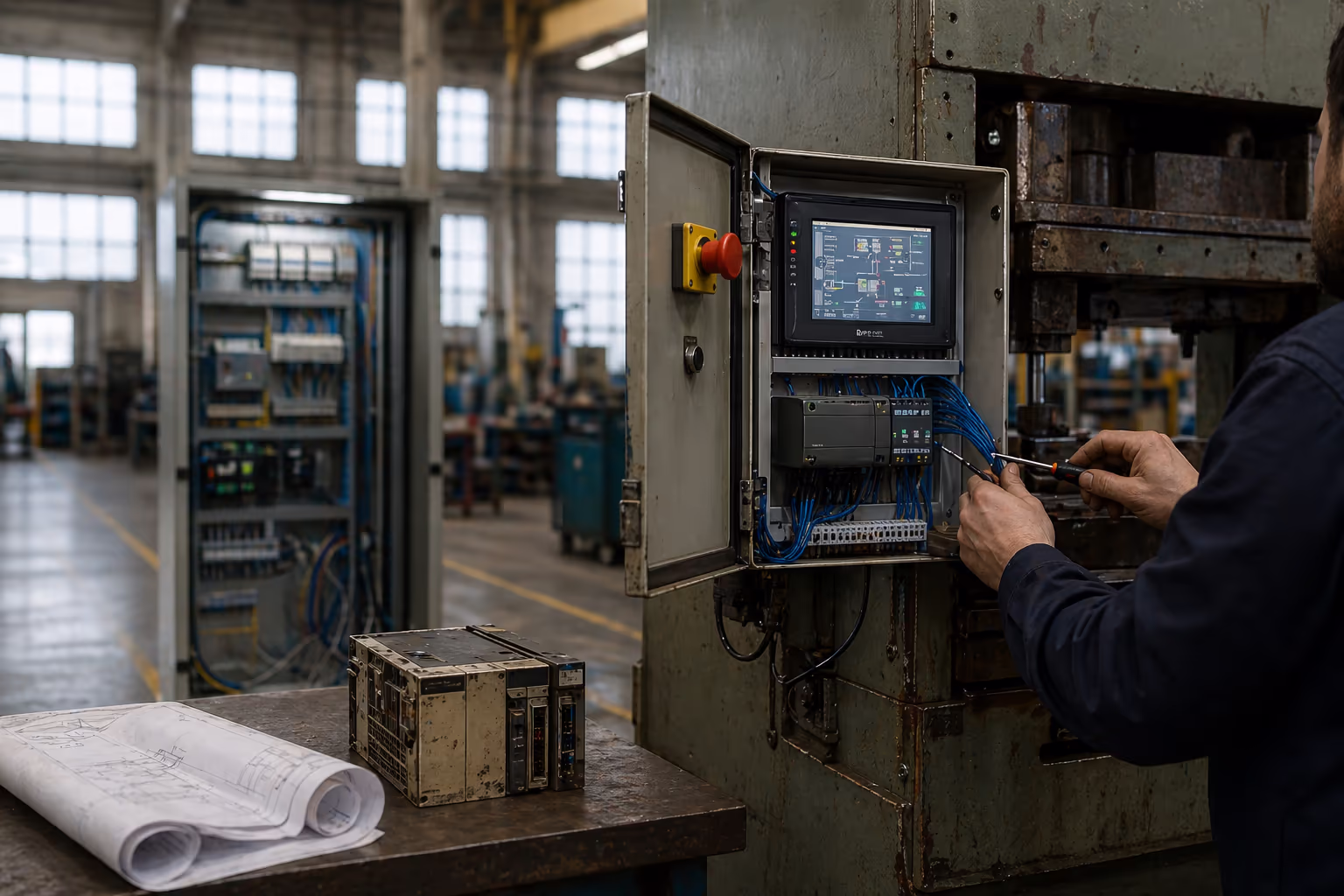 Older industrial machine control cabinet retrofitted with a modern PLC, HMI and fresh wiring