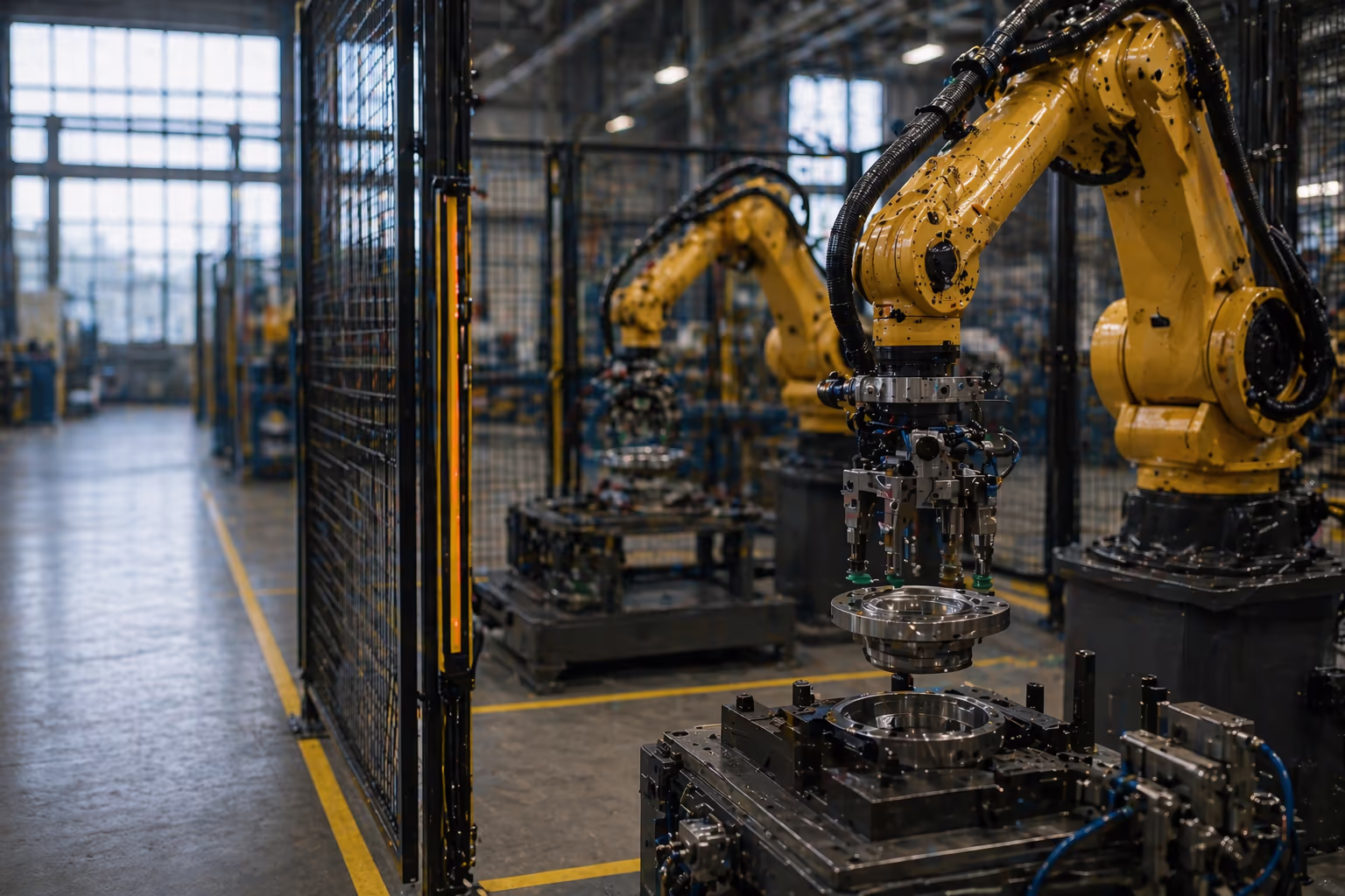 Fenced six-axis industrial robot cell placing a metal flange onto a fixture with a custom parallel gripper