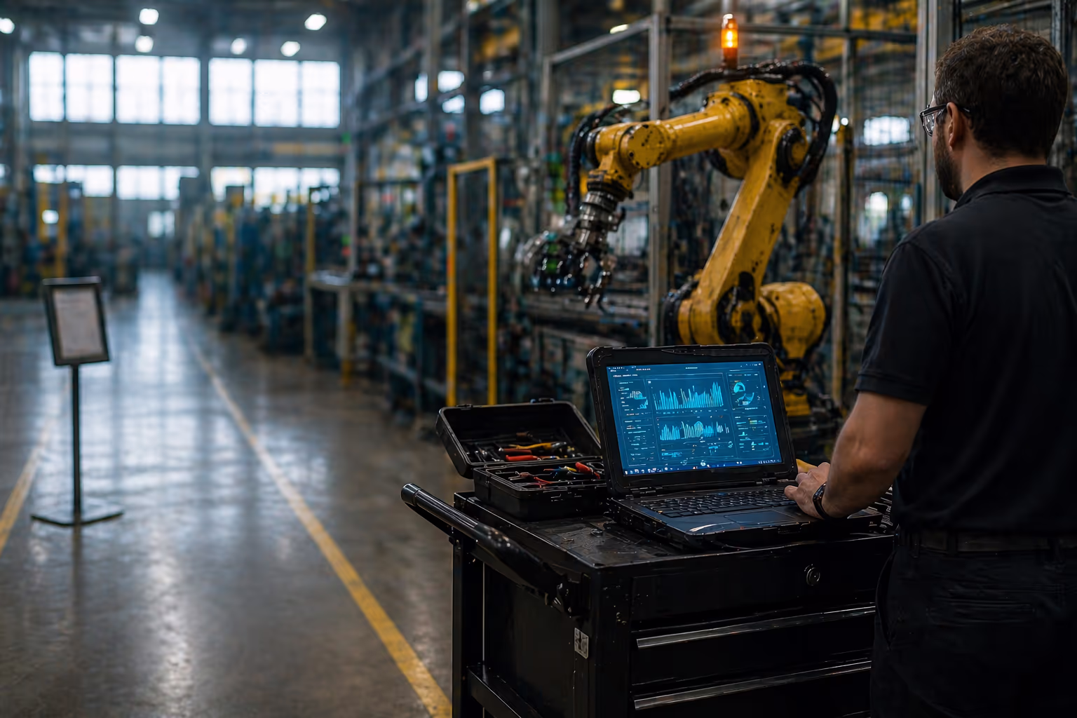Service engineer with a rugged diagnostic laptop on a service cart beside a live yellow industrial robot